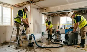 Water damage crew cleaning up burst pipe damage in Joliet, IL home